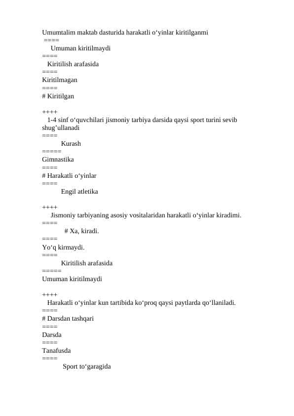 Harakatli o'yinlar fanidan yakuniy test savollari. javoblari bilan