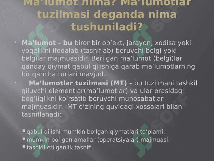 “Ma’lumotlar tuzilmasi va algoritmlar” fanining maqsadi va vazifasi 7