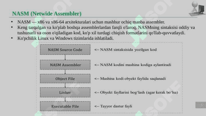 Assembler tilida dasturlash asoslari. Assembler dasturlash tili va uning imkoniyatlari, assembler tili operatorlari va ularni kodlash. 5