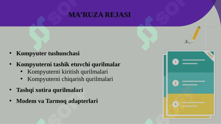 Tashqi qurilmalarning turlari va vazifalari.  Printer, skaner, sichqoncha, klaviatura, modem va tarmoq adapteri 2