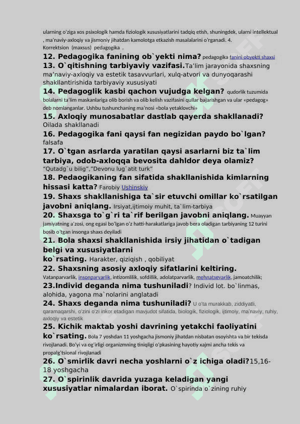 Pedagogika nazariyasi va tarixi TEST javoblari bilan 2