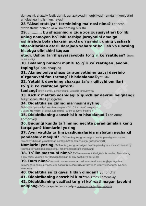 Pedagogika nazariyasi va tarixi TEST javoblari bilan 3
