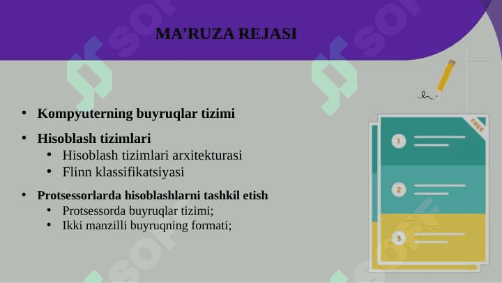Kompyuterning buyruqlar tizimi, buyruqlar turlari va formatlari, operandalarni adreslash turlari va usullari, uzilish rejimi. 2