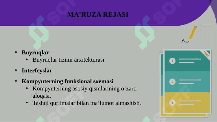 Buyruqlar tizimi arxitekturasi. Malumotlar formatlari standartlari, tashqi qurilmalar bilan ma’lumot almashish, interfeyslari. 2