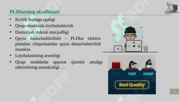 Kompyuterlami tashkil qilishning raqamli mantiqiy asoslari. Bul algebrasi, Bul funksiyalarini amalga oshirish. Dasturlanadigan mantiqiy qurilmalar. 6