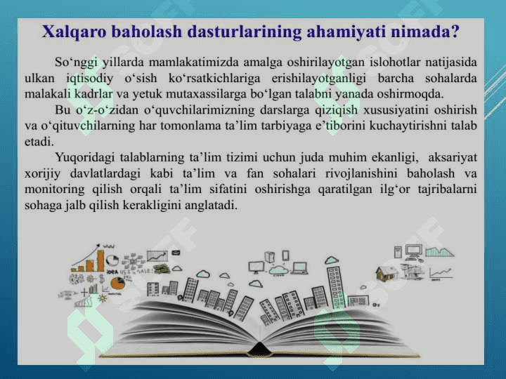 Xalqaro baxolash dasturlari TIMSS, PIRLS, TALIS, PISA, EGRA, EGMA 7