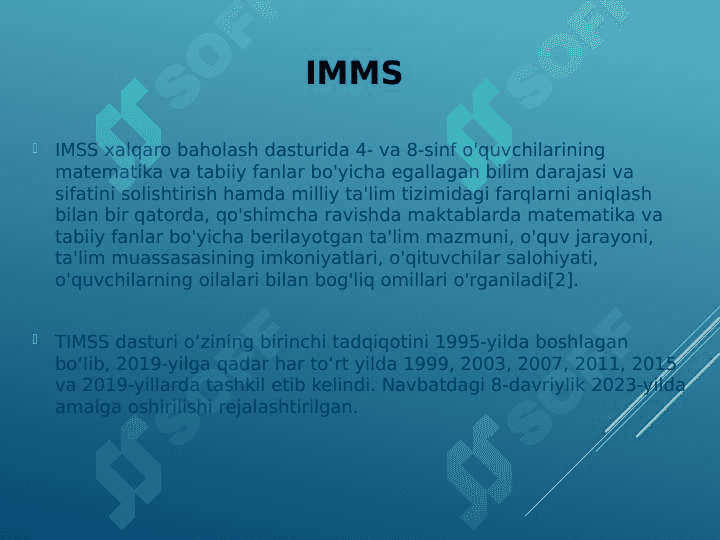 Xalqaro baxolash dasturlari TIMSS, PIRLS, TALIS, PISA, EGRA, EGMA 8