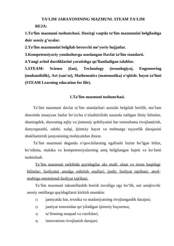 TA'LIM JARAYONINING MAZMUNI. STEAM TA'LIM