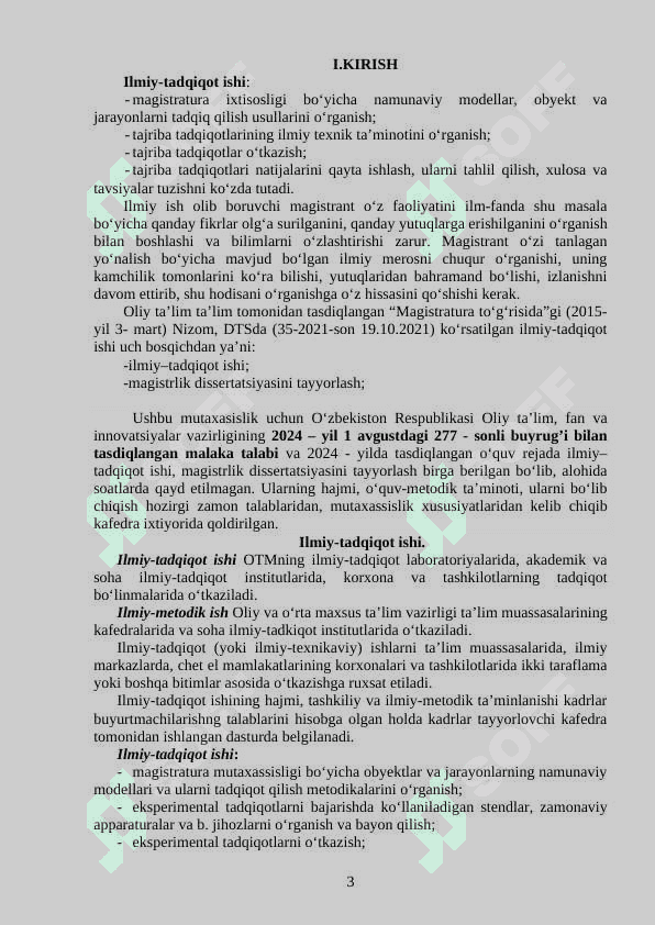 ILMIY-TADQIQOT ISHI VA MAGISTRLIK DISSERTATSIYASINI TAYYORLASH  DASTURI 3