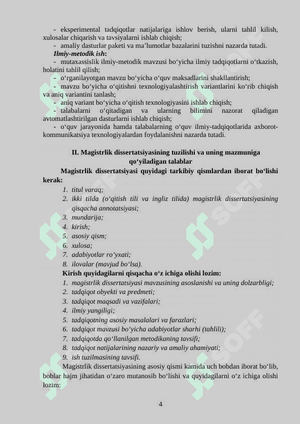 ILMIY-TADQIQOT ISHI VA MAGISTRLIK DISSERTATSIYASINI TAYYORLASH  DASTURI 4