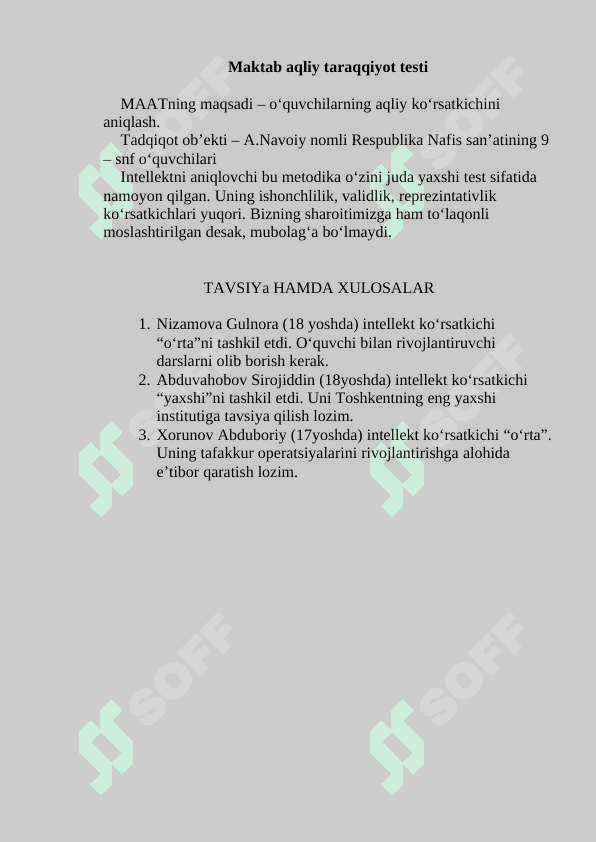 MAKTAB O'QUVCHILARI UCHUN PSIXOLOGIK TESTLAR 2