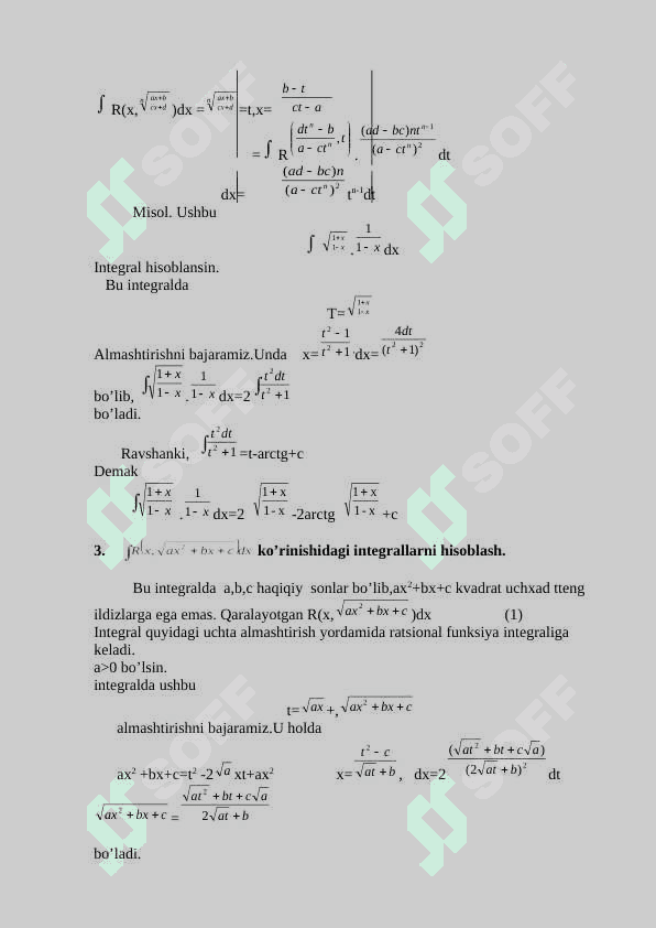 Sodda irratsional va transtsendent funksiyalarini integrallashga doir misollar yechish 6
