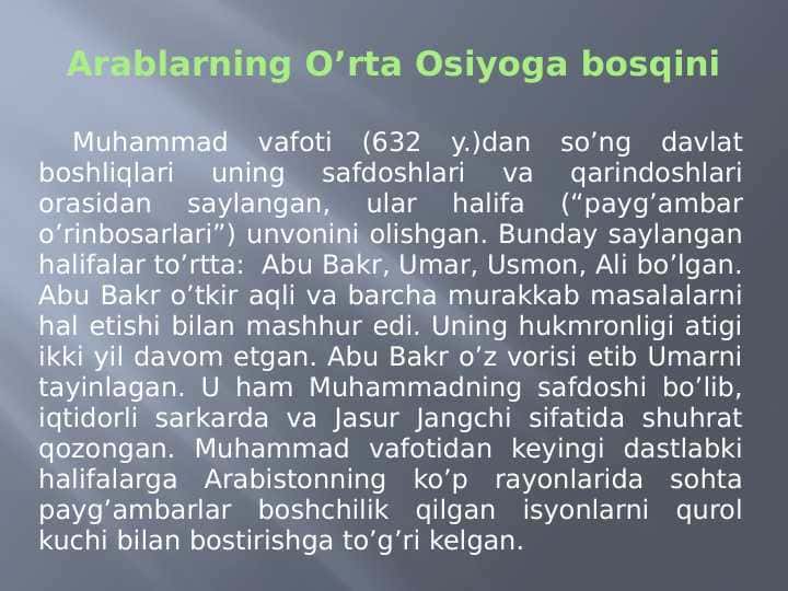 Arablarning O’rta Osiyoga bosqini