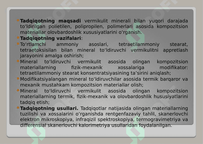 Vermikulit minerali asosida olinggan kompozitsion materiallarning olovbardoshlik  va issiqlikka chidamlilik xossalarini zamonaviy fizik kimyoviy usullar yordamida tadqiq qilish 3