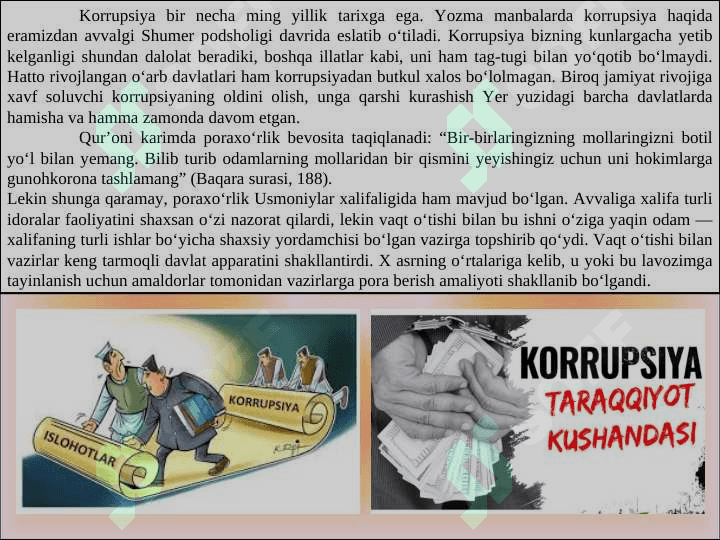 KORRUPSIYA – GLOBAL MUAMMO SIFATIDA. KORRUPSIYANING TARIXIY SHAKLLARI VA IJTIMOIY HAYOTDAGI KO’RINISHLARI 4