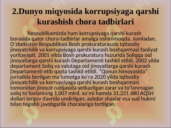 KORRUPSIYA – GLOBAL MUAMMO SIFATIDA. KORRUPSIYANING TARIXIY SHAKLLARI VA IJTIMOIY HAYOTDAGI KO’RINISHLARI 8