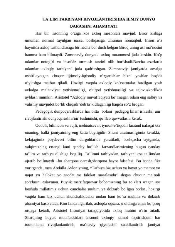 TA’LIM TARBIYANI RIVOJLANTIRISHDA ILMIY DUNYO QARASHNI AHAMIYATI