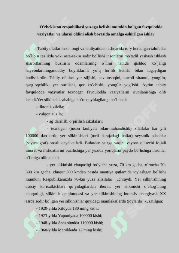O'zbekiston respublikasi yuzaga kelishi mumkin bo'lgan favqulodda vaziyatlar va ularni oldini olish borasida amalga oshirilgan ishlar 3