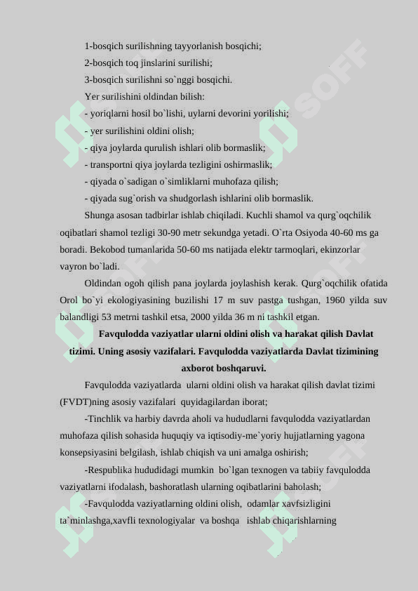 O'zbekiston respublikasi yuzaga kelishi mumkin bo'lgan favqulodda vaziyatlar va ularni oldini olish borasida amalga oshirilgan ishlar 6