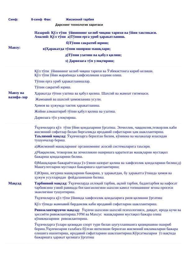 Jismoniy tarbiya dars ishlanma. Қўл тўпи ўйинининг келиб чиқиш тарихи ва ўйин тактикаси