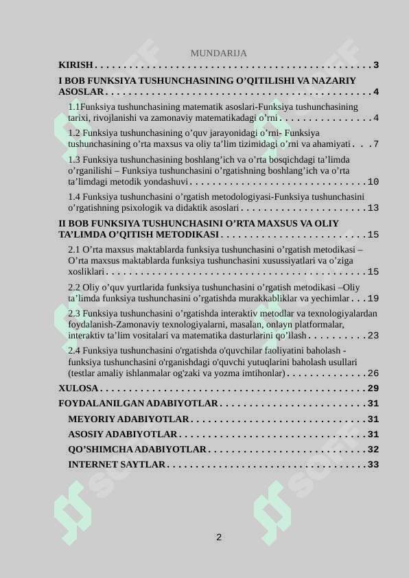 Umumiy o’rta ta’lim maktab va o’rta maxsus ta’lim muassalari matematikasi kursida funksiya tushunchasini o’qitish metodikasi 2