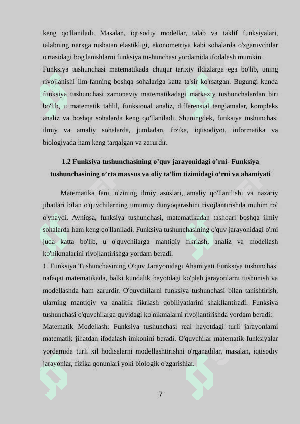 Umumiy o’rta ta’lim maktab va o’rta maxsus ta’lim muassalari matematikasi kursida funksiya tushunchasini o’qitish metodikasi 7