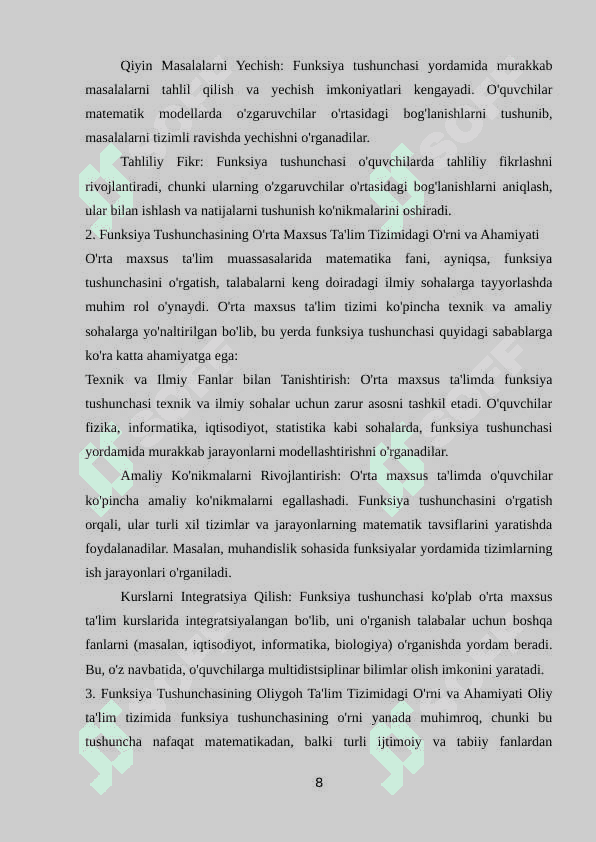 Umumiy o’rta ta’lim maktab va o’rta maxsus ta’lim muassalari matematikasi kursida funksiya tushunchasini o’qitish metodikasi 8