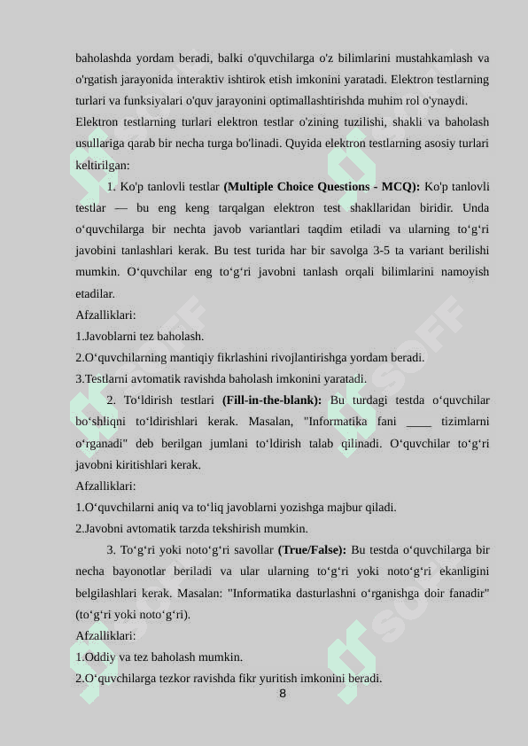 INFORMATIKA FANLARINI O’QITISHDA ELEKTRON TESTLAR YARATISH TEXNOLOGIYASINING SAMARALI USULLARI 8