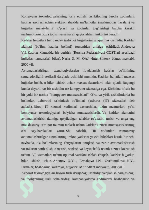 Tashkilotning kadrlar hisobini avtomatlashtirishni tashkil etish bo'yicha ma'lumotlar bazasi yaratish. 5