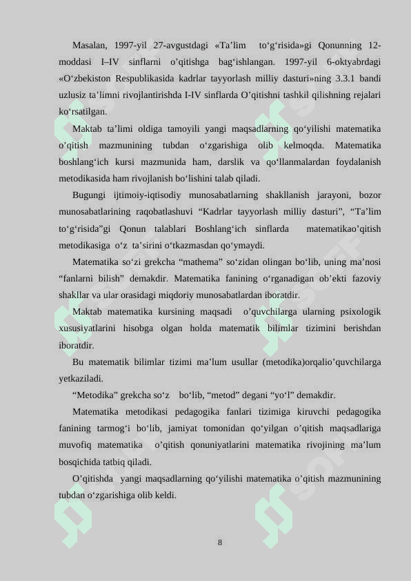 BOSHLANG’ICH SINFLARDA MATEMATIKA O’QITISH METODIKASI FAN SIFATIDA 8