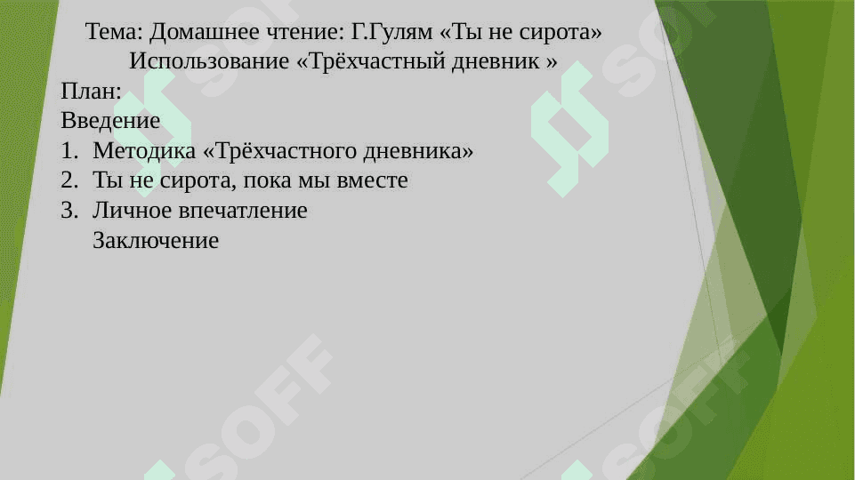 Домашнее чтение Г.Гулям Ты не сирота  Использование  Трёхчастный дневник . 2
