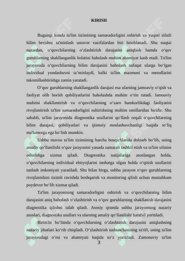 O'zlashtirish va o'quv guruhlarni shakllanganlik darajasini diagnostika qilish. 3