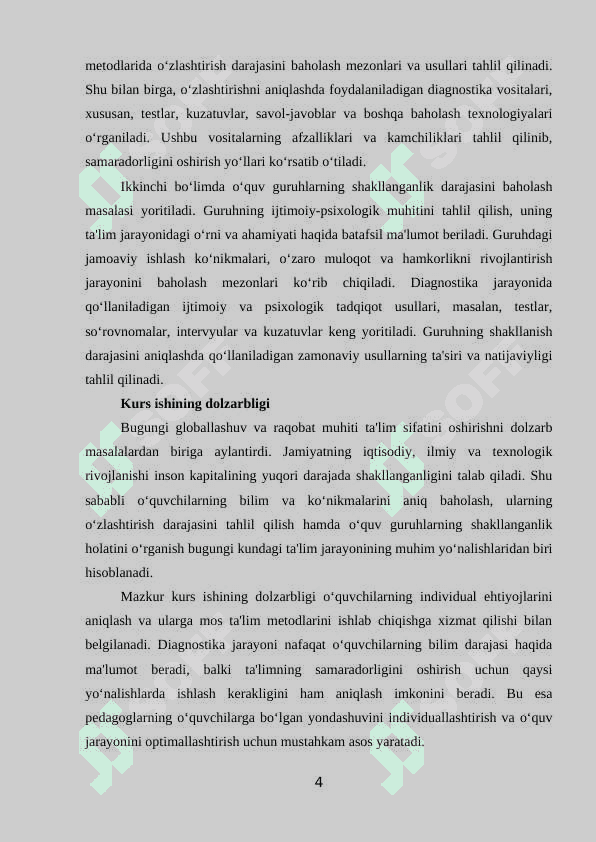 O'zlashtirish va o'quv guruhlarni shakllanganlik darajasini diagnostika qilish. 4