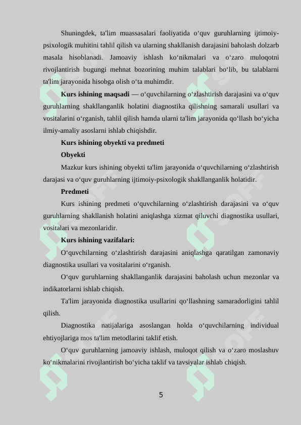 O'zlashtirish va o'quv guruhlarni shakllanganlik darajasini diagnostika qilish. 5