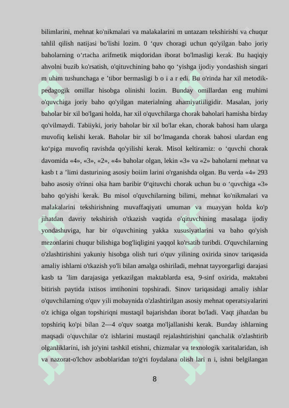 O'zlashtirish va o'quv guruhlarni shakllanganlik darajasini diagnostika qilish. 8