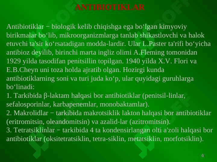 ANTIBAKTERIAL XIMIOTERAPEVTIK VOSITALAR ANTIBIOTIKLAR 6