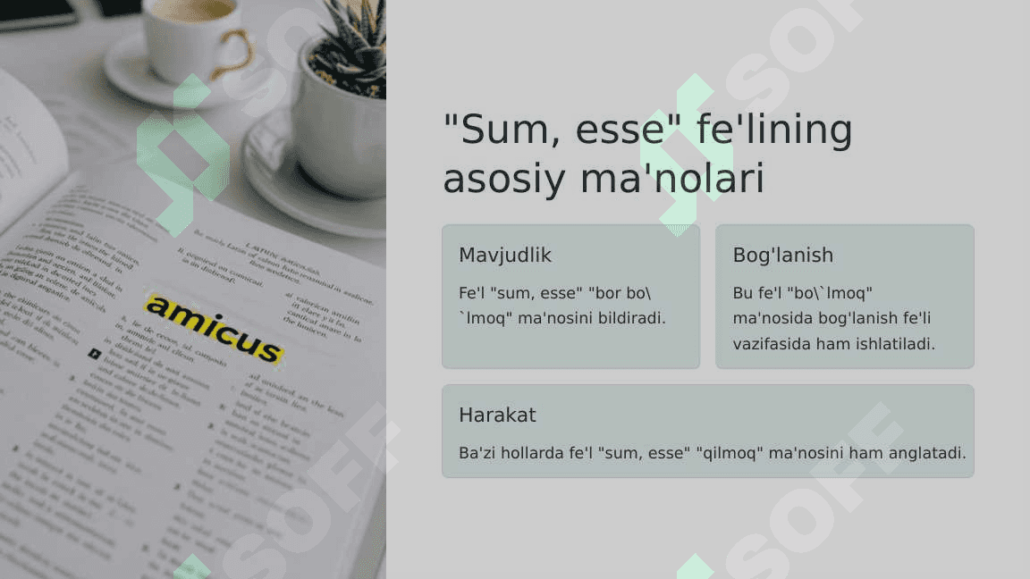 Lotin tilida “Sum, esse” – Bor bo'lmoq fe'lini tuslanishi. (Est modus in rebus) 5