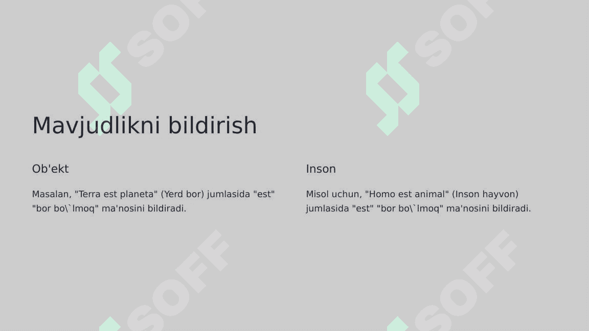 Lotin tilida “Sum, esse” – Bor bo'lmoq fe'lini tuslanishi. (Est modus in rebus) 7