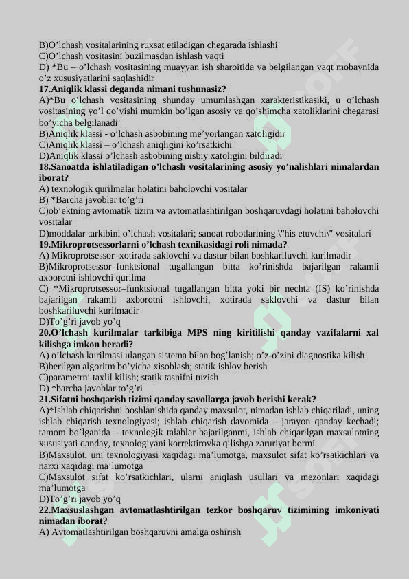 "Metrologiya"fanidan Qoshimcha testlar banki va javoblari bilan 2 3
