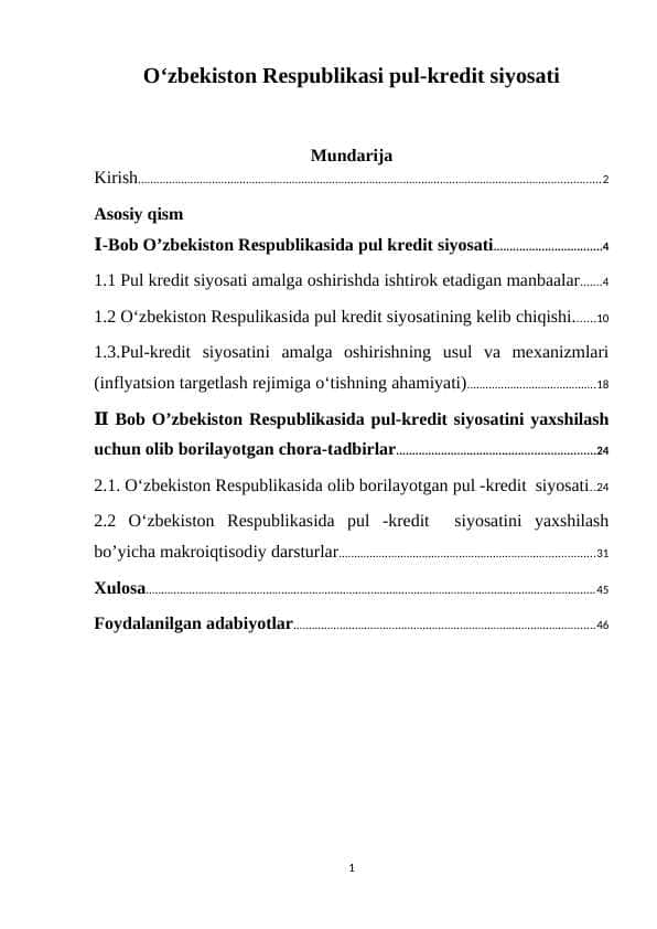 O‘zbekiston Respublikasi pul-kredit siyosati