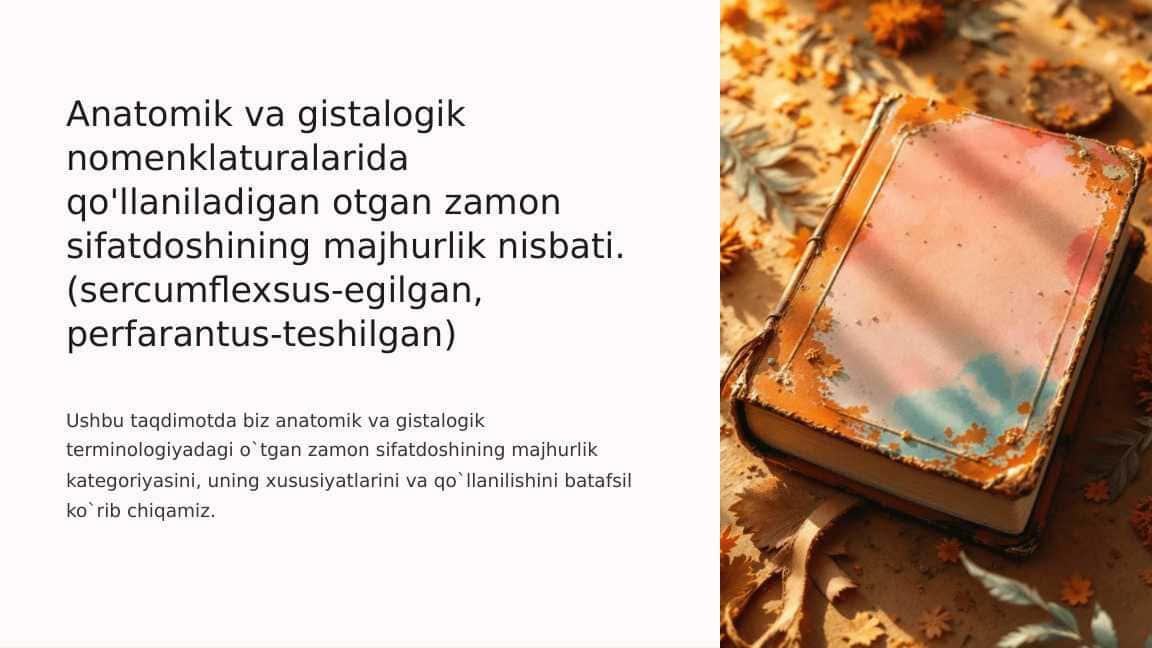 Anatomik va gistalogik nomenklaturalarida qo'llaniladigan otgan zamon sifatdoshining majhurlik nisbati. (sercumflexsus-egilgan, perfarantus-teshilgan)