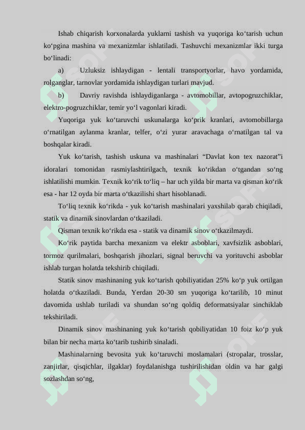 Yuk ko’taruvchi, tashuvchi transport vositalarining turlari va ularga qo’yiladigan xavfsizlik talablari 2