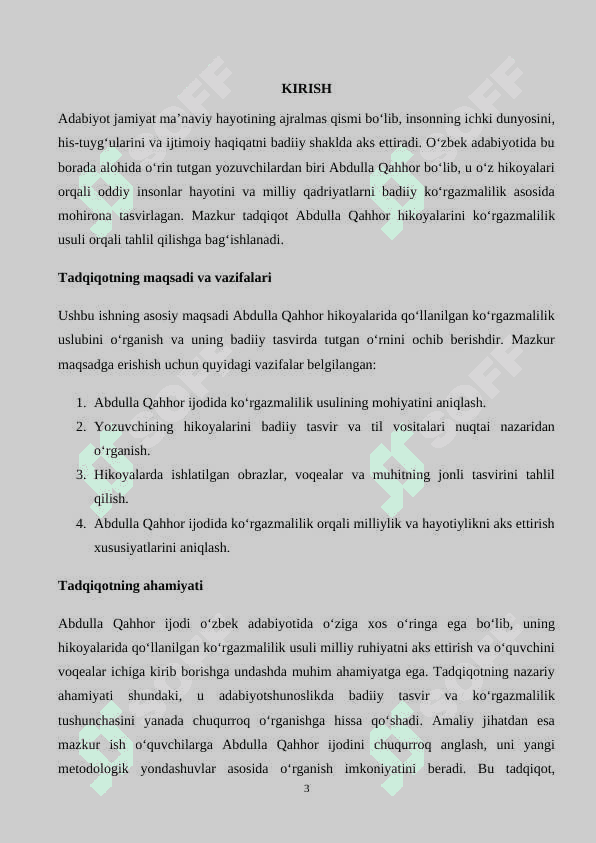 “ABDULLA QAHHOR HIKOYALARINI KOʻRGAZMALILIK ASOSIDA OʻRGANISH” MAVZUSIDA KURS ISHI 3