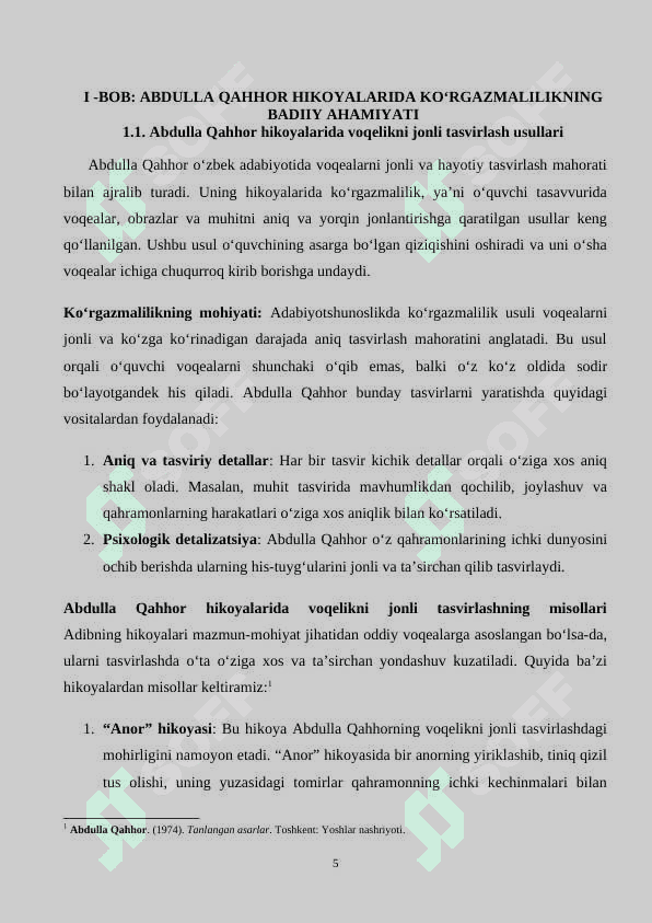 “ABDULLA QAHHOR HIKOYALARINI KOʻRGAZMALILIK ASOSIDA OʻRGANISH” MAVZUSIDA KURS ISHI 5