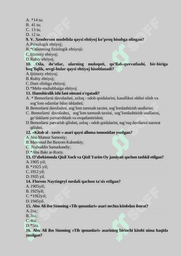 Hamshiralik ishi asoslari testi javoblari bilan 2