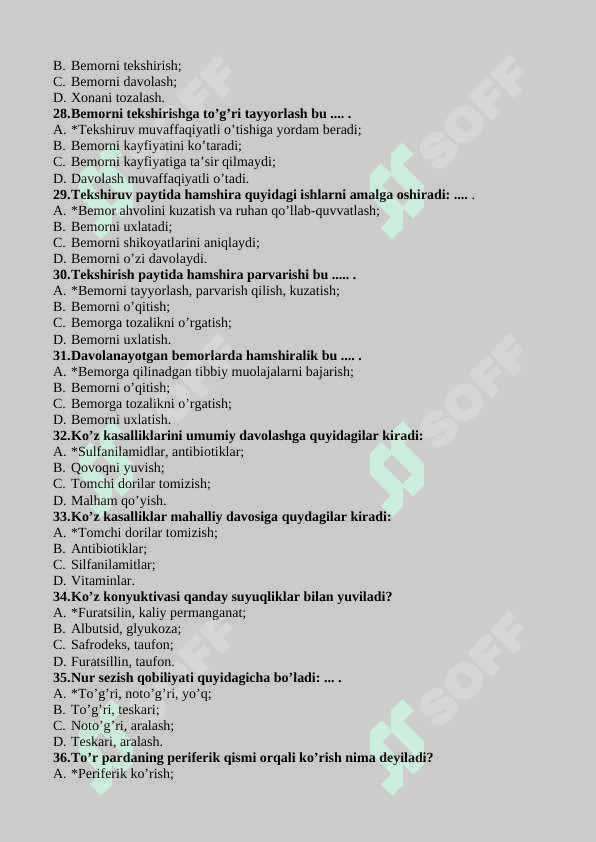 OFTALMOLOGIK KASALLIKLAR BILAN OG’RIGAN BEMORLARDA HAMSHIRALIK PARVARISHI TEST JAVOBLARI BILAN 4