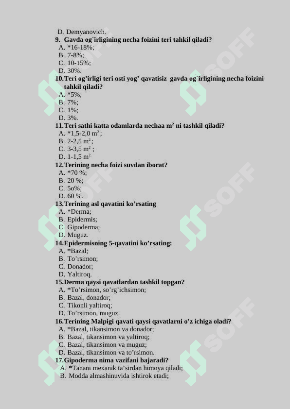TERI VA TANOSIL KASALLIKLARI BILAN OG’RIGAN BEMORLARDA HAMSHIRALIK PARVARISHI test javoblari bilan 2