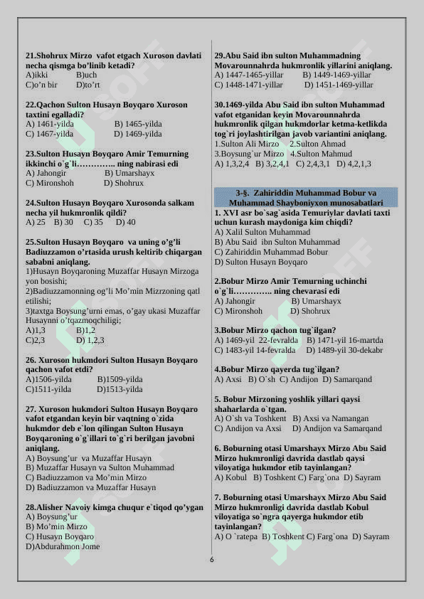 8-sinf òzbekiston tarixi mavzulashtirilgan test 6