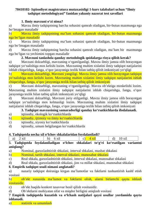 Ilmiy tadqiqot metodologiyasi testlar javobi bilan imtihon uchun shu yil
