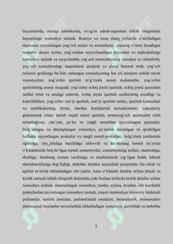 Rossiya va uzoq sharq yerlarida o`stiriladigan daraxtdan tayyorlangan yog`och turlari va xomashyosi, ularning o`rnini bosadigan mahalliy daraxt turlari. 5